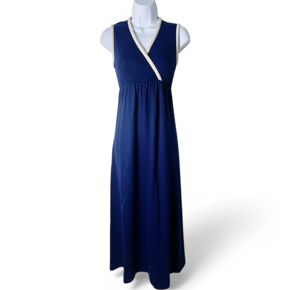 Vintage 70s Hubba Hubba SF Ribbed Knit Maxi Dress Navy Blue Chevron Trim Sz. S